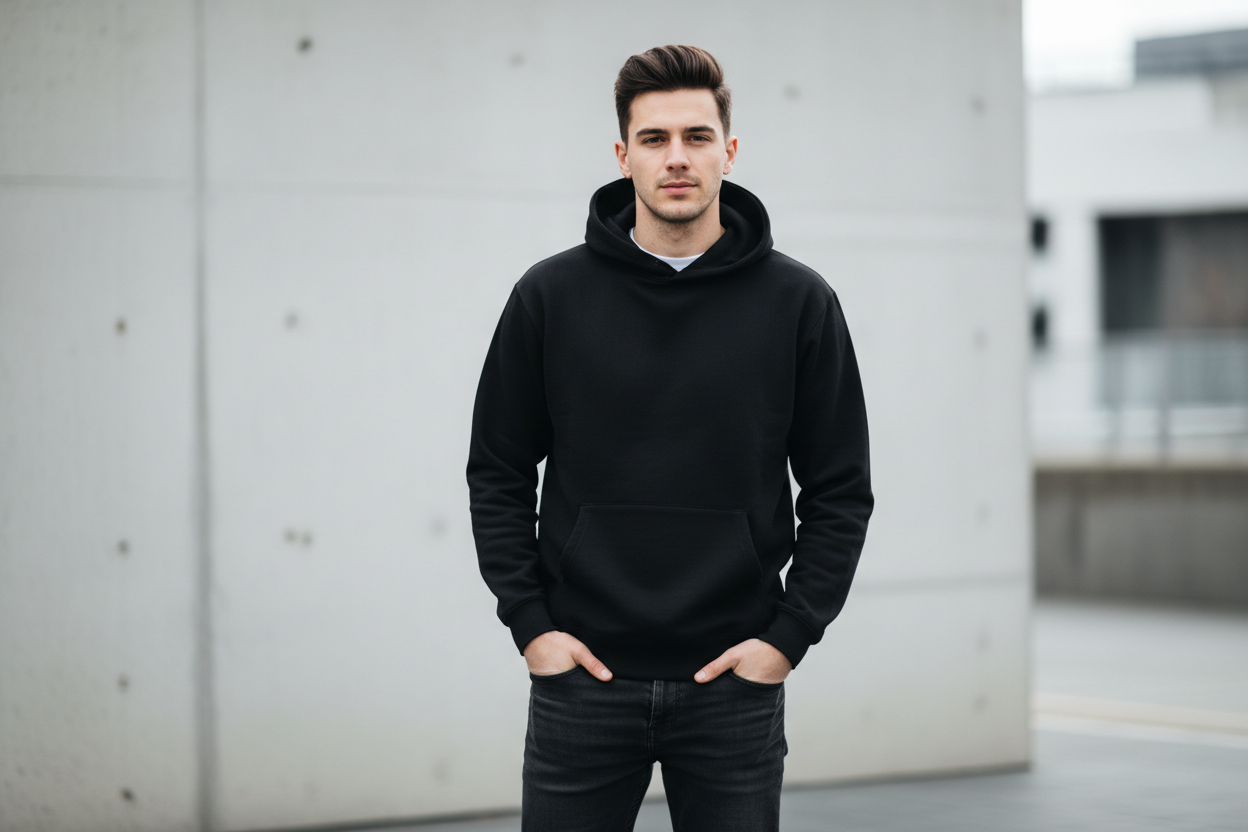 guy wearing black plain hoodie